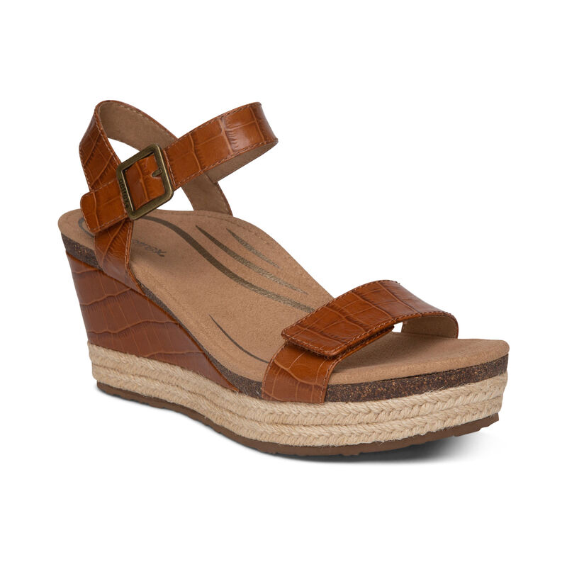 Aetrex Womens Sydney Quarter Strap Espadrille Wedges Cognac - u0kUY6z0d